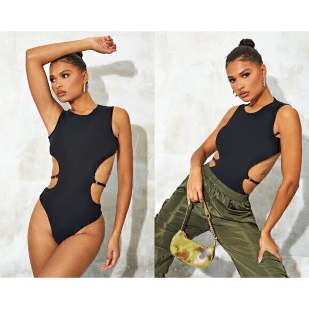 PrettyLittleThing Recycled Black Cut Out Slinky Bodysuit Size 12 NWT